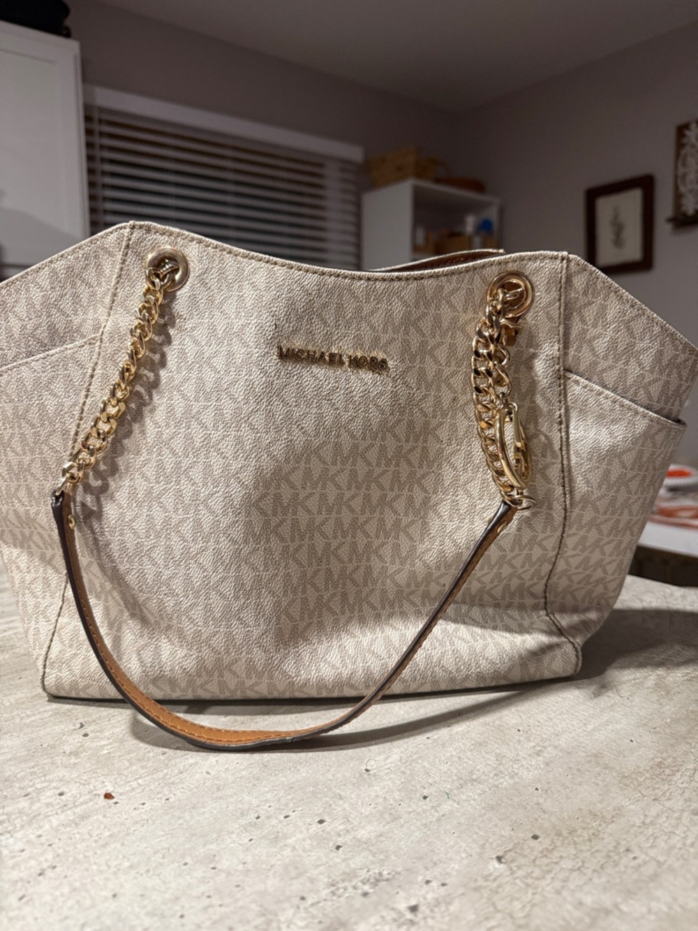 Michael Kors Beige Cream Signature Logo Tote with Gold Chain Handles